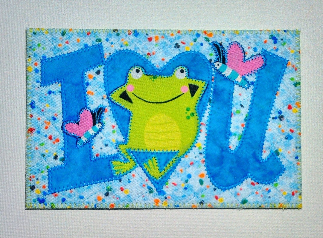 I LOVE YOU Frog Insects 4x6 Fabric Postcard turquoise Blue Lettersher ...
