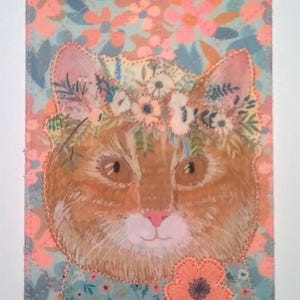 Chat tigré floral 4 x 6 carte postale en tissu carte maman ami anniversaire Merci pendaison de crémaillère cadre matelassé appliqué * cadeau pour amoureux des chats *
