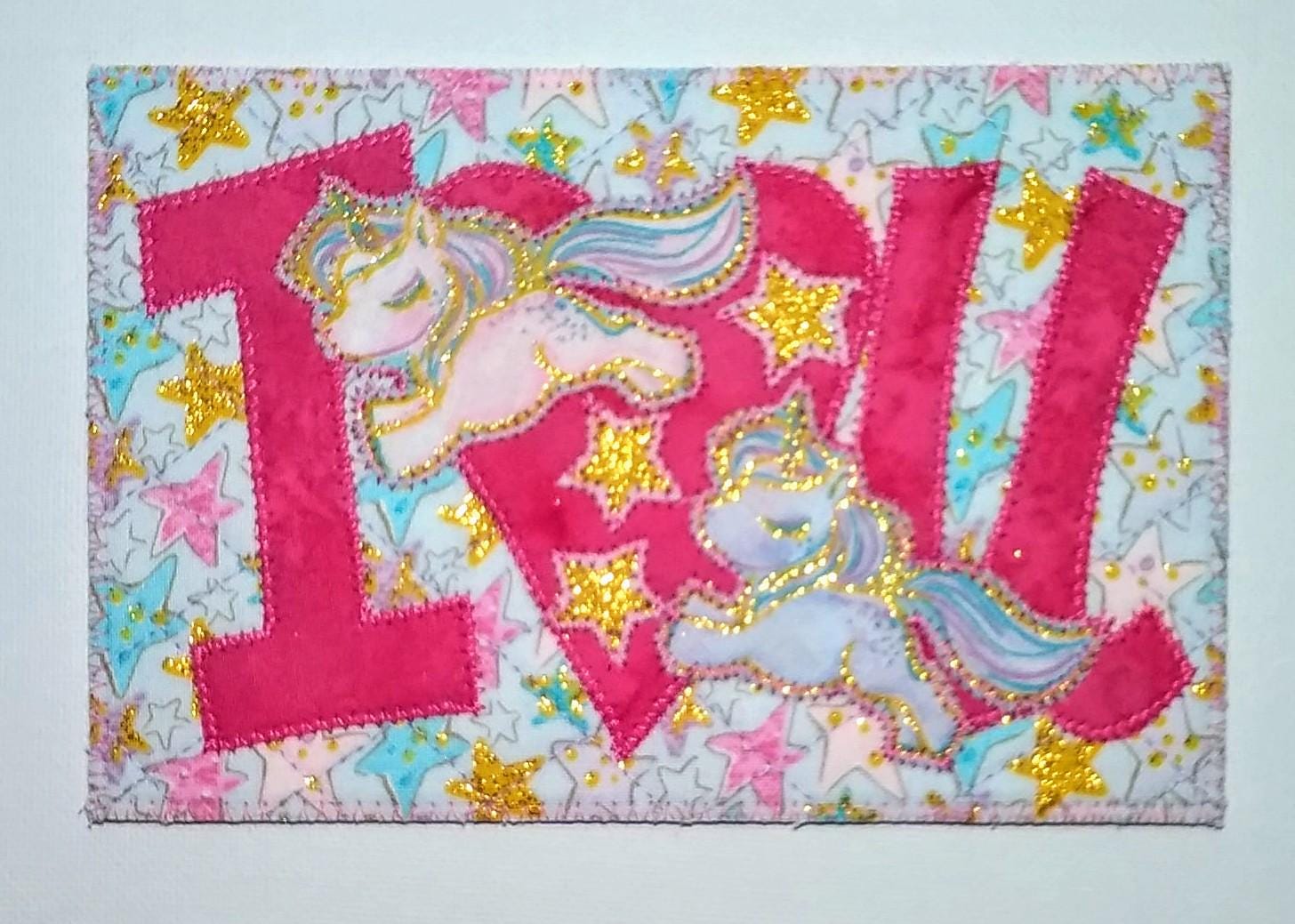 I LOVE YoU DaNCING UNICORN 4x6 Fabric Postcard Quilted Appliqued Cute Birthday Card for your Unicorn Lover Gold Stars Glittery