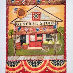 AMERICANA COUNTRY SCENERY 4 x 6 inch ansichtkaart stof verjaardag gewatteerd geappliceerd * land rood blauw ecru * vlaggenlijn winkel vlaggen