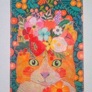 Chat tigré floral 4 x 6 carte postale en tissu carte maman ami anniversaire Merci pendaison de crémaillère cadre matelassé appliqué * cadeau pour amoureux des chats *