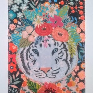 TIGRE FLORAL 4 x 6 carte postale en tissu carte maman ami anniversaire Merci pendaison de crémaillère cadre matelassé appliqué * cadeau amoureux de tigre *