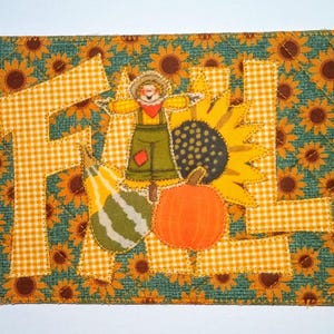 AUTUMN GREETING FALL Scarecrow Sunflowers 5x7 Inch Fabric Postcard Him Her Friend Relative Quilted Appliqued Pumpkin Gourd FaLL