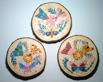 BUTTERFLY FLORAL TELAMADERA Decoupaged Fabric on Wood Rounds *Set of Three* Great Gift For Any Occasion!