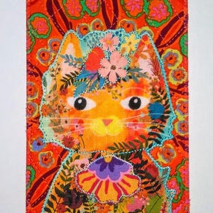 Chat et fleurs fantaisistes amoureux des chats 4 x 6 carte postale en tissu anniversaire maman son amie merci pendaison de crémaillère cadre décoration de la chambre