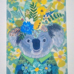 Carte postale en tissu 4 x 6 koala floral maman ami anniversaire Merci pendaison de crémaillère cadre matelassé appliqué * cadeau amateur de koala *