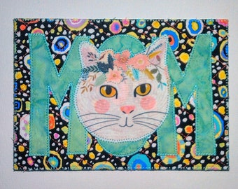 CAT MOM 5"x7" Large Fabric Postcard**SEaFOAM GReEN LeTTERS* Mom Relative Frame Gift Her Friend Thanks Housewarm Quilted Appliqued