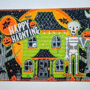 Carte postale en tissu 4 x 6 HALLOWEEN SPARKLING GHOST elle lui enfant petits-enfants ami proche * maison hantée citrouilles chauve-souris chat araignée squelette *