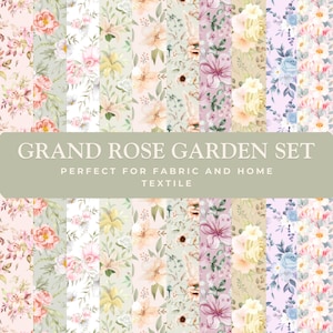 May include: A collection of floral fabric patterns in various colors, including pink, yellow, and blue. The patterns feature roses and other flowers. Text on the image reads "GRAND ROSE GARDEN SET" and "PERFECT FOR FABRIC AND HOME TEXTILE".