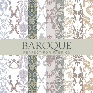 May include: A collection of baroque-style fabric patterns in various colors, including blue, brown, and gold. The patterns feature floral and scroll designs. The word "BAROQUE" is displayed in a banner, with the text "PERFECT FOR FABRICS" below it.