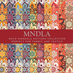 May include: A vibrant collection of bold mandala patterns in various colors, including orange, blue, and red. The image features the text "MNDLA" and "BOLD MANDALA PATTERN COLLECTION PERFECT FOR FABRIC AND TEXTILE". The patterns are suitable for fabric and textile applications.