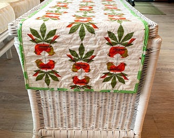 Reversible Charley Harper Table Runner – Cardinals and Trillium – Machine Quilted – Red and Green