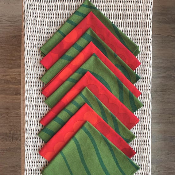 Marimekko Cotton Cloth Napkins – Red & Green Prints – 16.5” Square – Modern Scandinavian Design