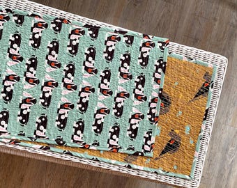 Charley Harper Quilted Table Runner – Reversible Organic Print Cotton, Goats & Birds