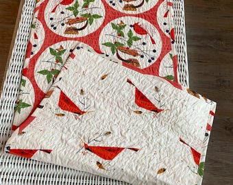 Charley Harper Christmas Table Runner – Reversible Quilted Cotton with Iconic Red Cardinals | Organic Cotton