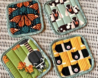 Handmade Charley Harper Reversible Fabric Coasters – Set of 4 (5” x 5”)