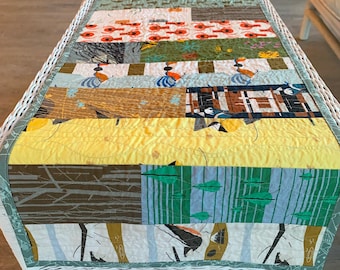 Table Runner in Charley Harper print fabrics quilted reversible birds nature