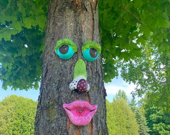 Colorful Cement Tree Face – Hand-Painted Folk Art for Garden or Porch