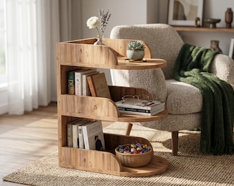 Schlanker Beistelltisch Couch Zeitungsständer, 3-stufiger schmaler Holz-Beistelltisch, minimalistischer Luxus-Bücherständer, moderner kleiner Raum-Kaffee-Aufenthaltsraum-Stand