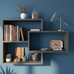 Anthracite Geometric Wall Shelf, Architectural Floating Bookshelf, Luxury Cubby Display Organizer, Modern Gray Statement Case