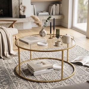 Tavolino da caffè in vetro, scrivania moderna con estremità in metallo, grande espositore rotondo in vetro temperato, lussuoso mobile centrale minimalista per salotto, elegante mobile da cocktail