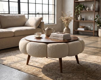 Mesa de centro redonda de bouclé, otomana moderna de madera con espacio de almacenamiento, pieza central tapizada en crema, soporte de salón circular acolchado Japandi de lujo