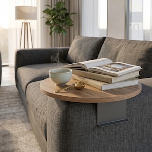 Sofa Arm Tray Adjustable Couch Armrest Table, Flexible Round Serving Side Plate, Premium Wooden Laptop Stand, Luxury C Shaped Mug Holder