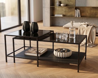 Rauchglas Couchtisch Set, 2-teiliger geometrischer Nisttisch, luxuriöse minimalistische Center Lounge Eckmöbeleinheit, moderner Akzent Schreibtisch