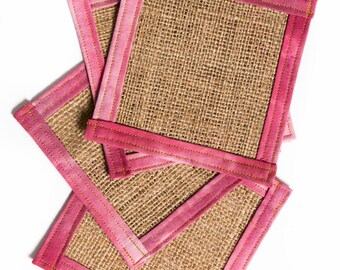 Burlap coasters with pink border, Fabric coasters, Drink Coasters, Hostess Gift
