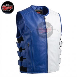 Men's Blue and White Leather Biker Vest, Two Tone Cowhide Racing Waistcoat, SWAT Style Side Buckle Motorcycle Vest, Full Zip, Gift for Him