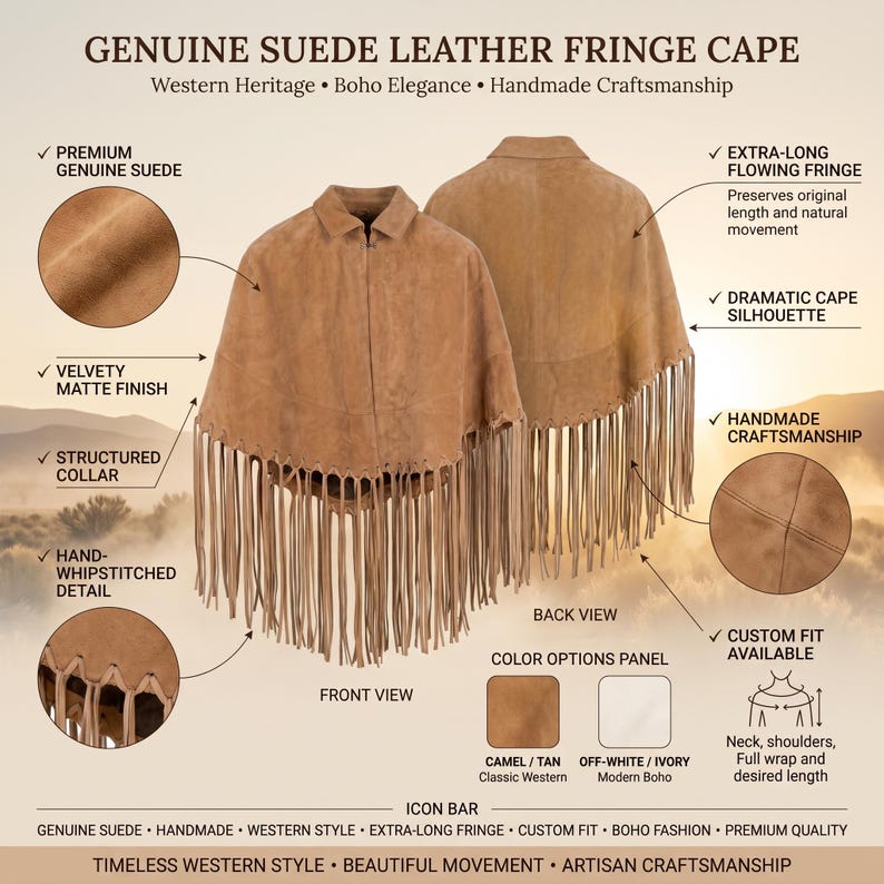 Women's genuine suede leather fringe western boho cape poncho — A tan suede leather cape featuring a structured collar, hand-whipstitched detailing, and extra-long flowing fringe. The garment is shown from both front and back views, with text labels