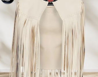 Handmade Sheepskin Leather Fringe Vest, off White Boho Western