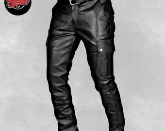 Men's Black Leather Cargo Pants, Genuine Leather Utility Trousers with Belt, Biker Streetwear Pockets Pant, Custom Made to Measure