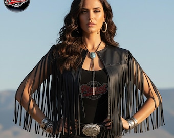 Handmade Black Sheepskin Leather Fringe Vest , Women's Western Cowgirl Vest