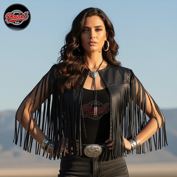 Handmade Black Sheepskin Leather Fringe Vest , Women's Western Cowgirl Vest