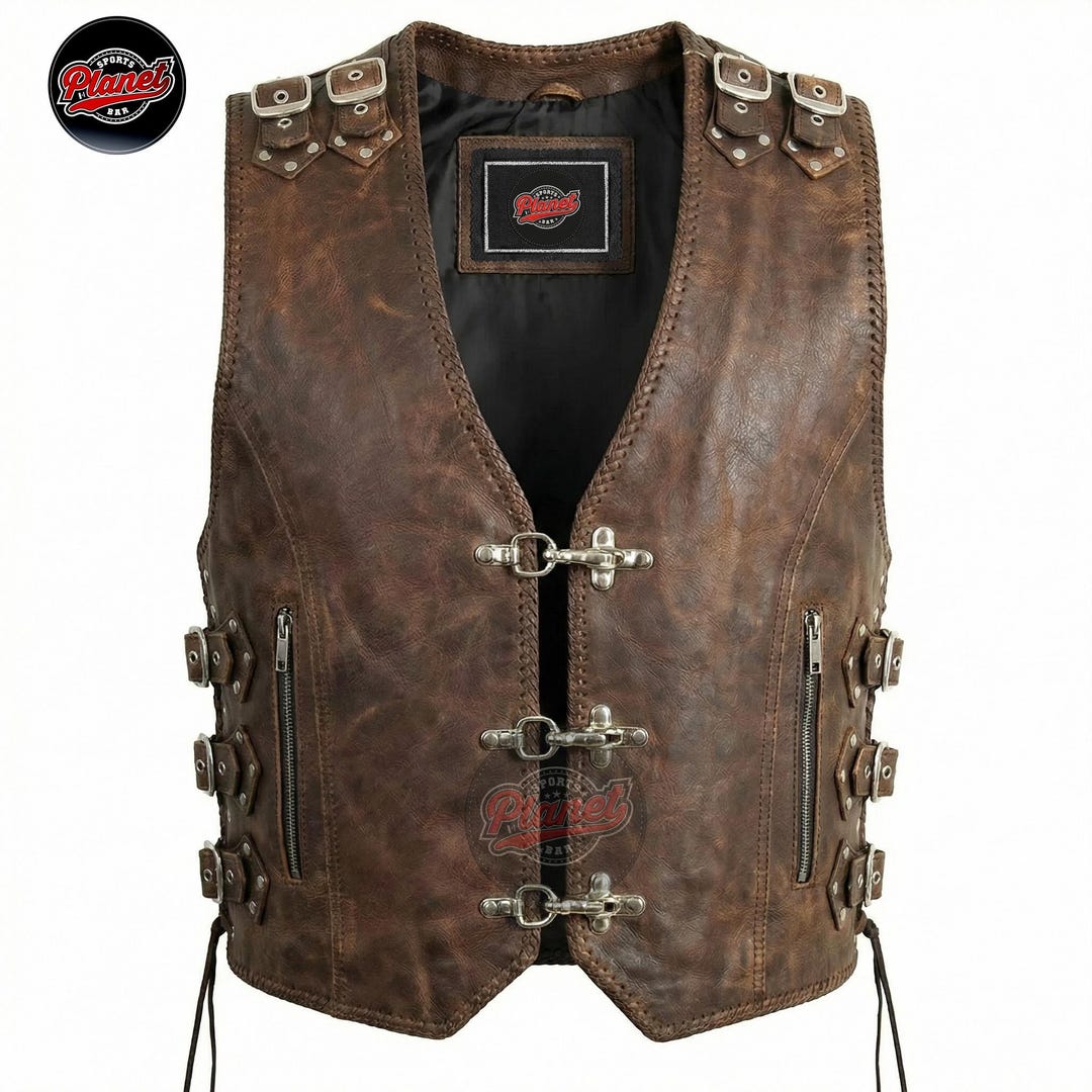 Men's Brown Waxed Leather Biker Vest – Rocker Waistcoat With Buckles - Etsy