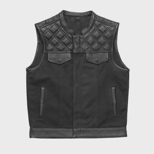 May include: Black vest with a quilted leather upper section and two chest pockets. The vest has a collared neckline and two lower pockets. The bottom hem and pocket edges are trimmed with leather. The vest is sleeveless.