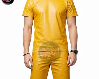 Mens Genuine Leather Half Sleeves Shirt and Shorts Set