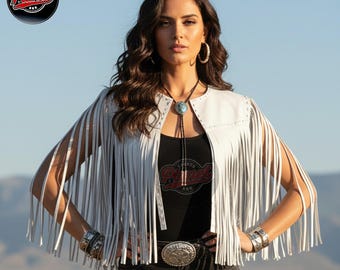 Handmade Sheepskin Leather Fringe Vest White , Women's Western Cowgirl Vest