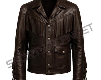 May include: A brown leather jacket with fringe detailing across the chest, shoulders, and sleeves. The jacket has a button-up front, two chest pockets, and a classic collar. The jacket is a medium brown color.