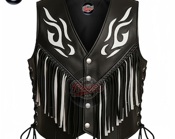 May include: Black leather vest with white tribal flame designs and fringe. The vest has a V-neck, button closure, and side lacing. The vest has the "Sports Planet" logo on the top left and the "Planet" logo on the top center.