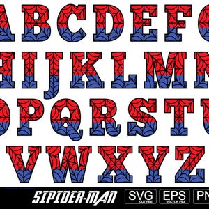 Pu&ograve; includere: Un alfabeto completo in maiuscolo, ogni lettera divisa in due sezioni, rossa in alto e blu in basso, con un design a ragnatela. La parola "SPIDER-MAN" &egrave; in basso, insieme alle icone dei tipi di file.