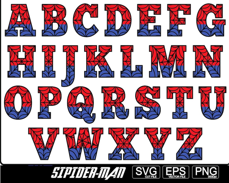 Pu&ograve; includere: Un alfabeto completo in maiuscolo, ogni lettera divisa in due sezioni, rossa in alto e blu in basso, con un design a ragnatela. La parola "SPIDER-MAN" &egrave; in basso, insieme alle icone dei tipi di file.
