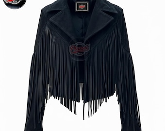 May include: A black suede jacket with long fringe detailing on the sleeves and front. The jacket has a classic collar and a tailored fit. The Sports Planet logo is visible on the upper left and center of the jacket. A stylish outerwear piece.