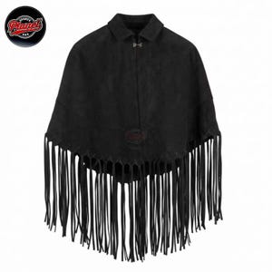Women's genuine suede leather fringe western boho cape poncho — A black suede poncho featuring a collared neckline, a silver-toned metal clasp closure at the neck, and long, thin fringe detailing along the bottom hem. The garment has a soft, matte te