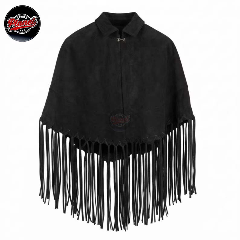 Women's genuine suede leather fringe western boho cape poncho — A black suede poncho featuring a collared neckline, a silver-toned metal clasp closure at the neck, and long, thin fringe detailing along the bottom hem. The garment has a soft, matte te