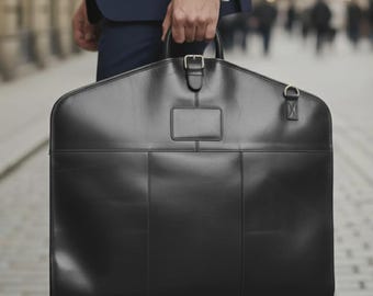 Custom Engraved Full-Grain Leather Black Garment Bag, Suit Carrier with Shoe Compartment