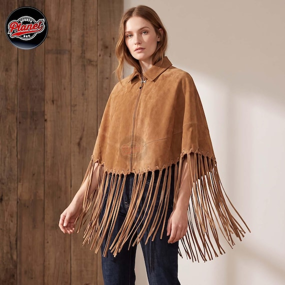 Women's Suede Leather Fringe Cape, Western Boho Poncho, Cowgirl Collared Shawl, Camel Tan or Off White Ivory, Bridal Festival Gift for Her