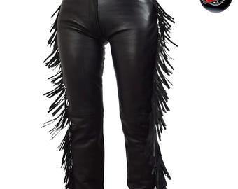 Handmade Leather Fringe Pants Black Women| High Waist Western Style