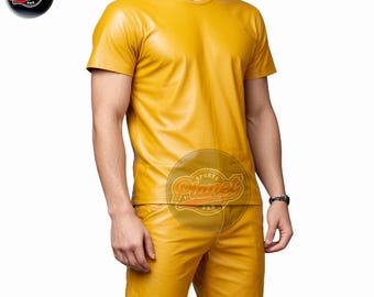 Men's Genuine Leather T-Shirt and Shorts Set | Mustard Yellow Biker Style Combo
